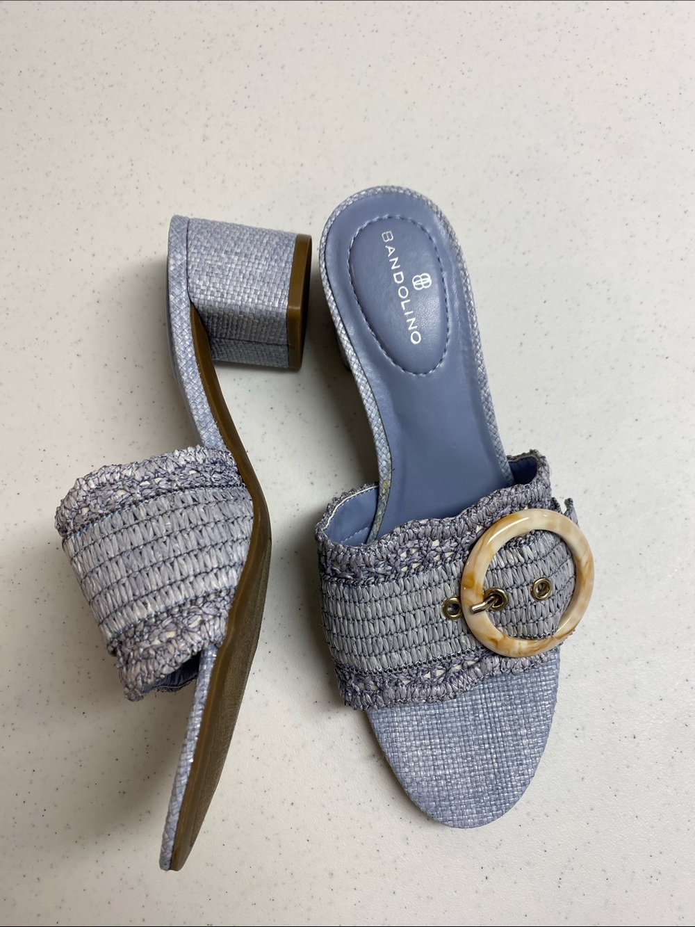 Blue Raffia Block Heel Sandals Round Buckle Woven Slide Coastal Resort 8
